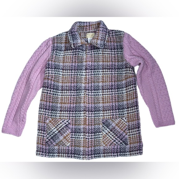 Boyne Valley Weavers Plaid Full Zip Sweater Jacket Large Lavender Sleeves - Picture 1 of 4